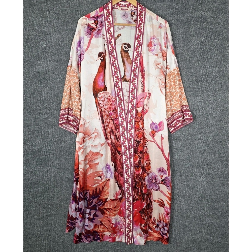 SOMA Silk Blend Kimono Robe Peacock Luxury Lounge Duster Maxi Floral Ivory Red - Picture 6 of 12